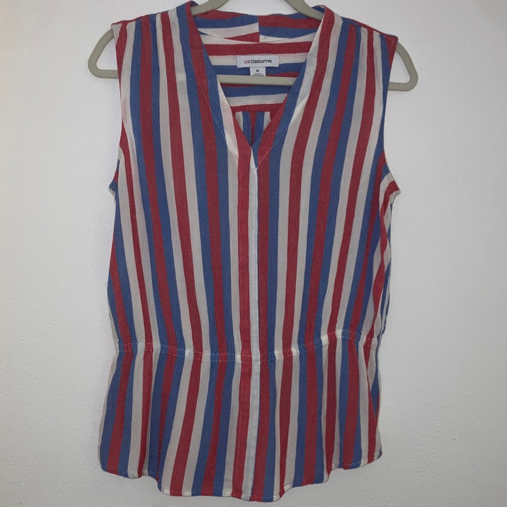 Liz Claiborne Women's Striped Sleeveless Red White and Blue Lightweight Blouse